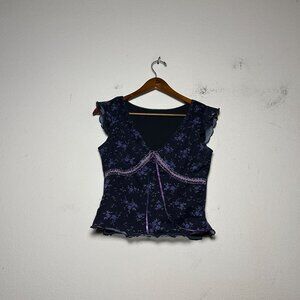 Romwe Goth Floral Women S Purple Black Lace Tie Front Mesh Top Blouse Whimsgoth